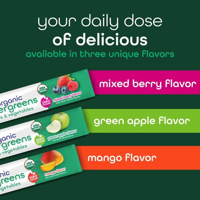 Zena Nutrition Organic Super Greens Powder, 70+ Superfoods, 0 Sugar, 3g Fiber, Spirulina, Chlorella, Mushrooms, Prebiotics/Probiotics, Digestive Enzymes, Gut Health, Mixed Berry, 30 Drink Mix Packets