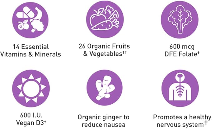 Realfood Organics Prenatal Multi - Before, During, & Post Pregnancy - Folate, D3 & Iron to Support Healthy Fetal Growth and Development*, Gentle on Stomach, Gluten-Free, Soy Free, 90 Tablets