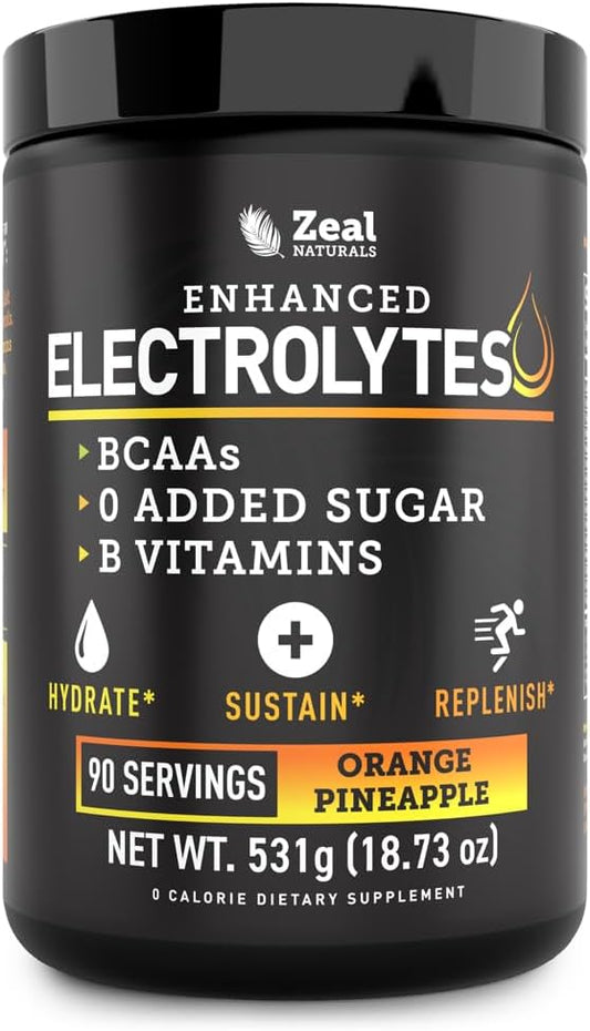 Zeal Electrolyte Powder - 90 Servings | Keto Electrolytes Powder | Zero Sugar, BCAAs, B-Vitamins | Potassium, Zinc, Magnesium | Hydration Powder Recovery Drink | Orange Pineapple