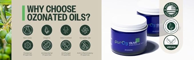 PurO3 Ozonated Olive Oil – Pure, Natural, Organic Skincare for Face & Body – Oxygenated Healing Lotion, Moisturizer & Beauty Cream in a Glass Jar – O3 Therapy Salve, 2 oz
