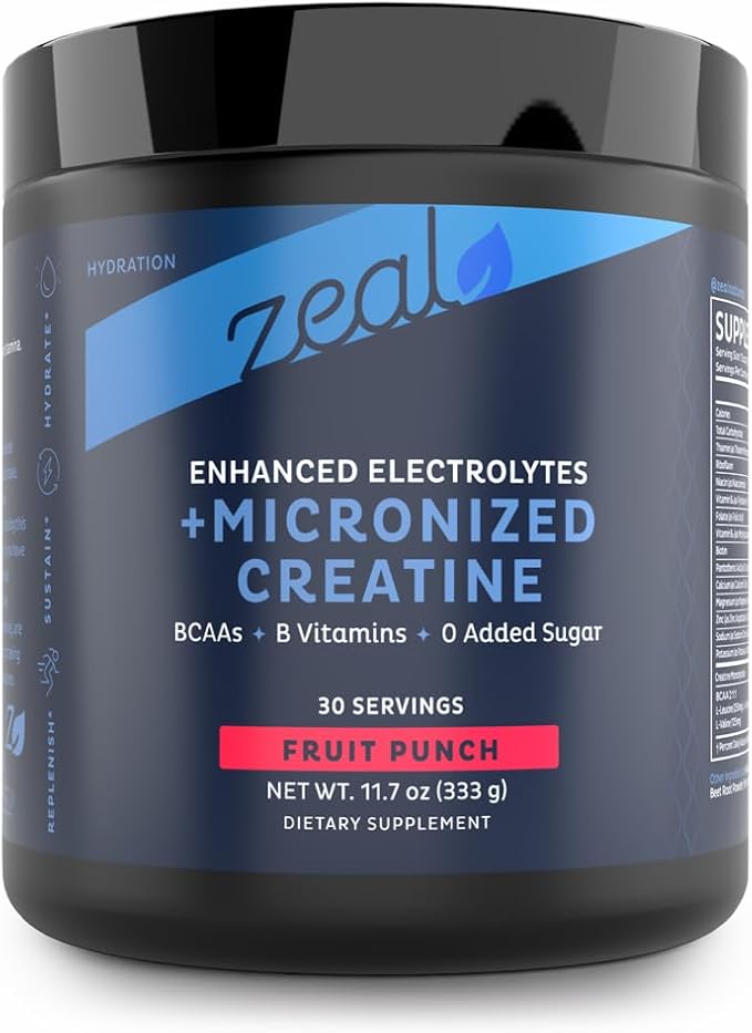 Zeal Electrolyte Powder w/Micronized Creatine (30 Servings | Fruit Punch) w 0 Sugar +BCAAs +B-Vitamins Electrolyte Supplement w Potassium Zinc & Magnesium for Hydration - Keto Electrolyte