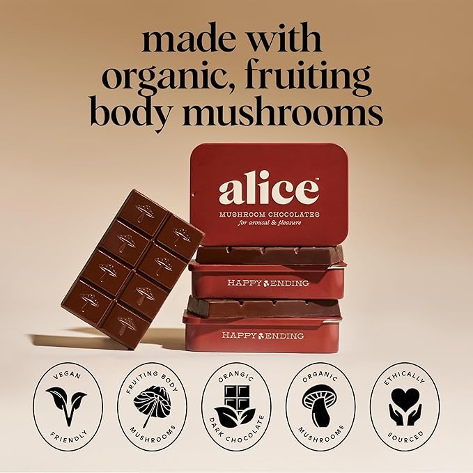 Alice Mushrooms Happy Ending 2-Pack | Sensual Mushroom Chocolates | Improves Mood, Performance, Vitality, Energy and Engagement | Cordyceps, Ashwaganda, Cayenne, Cinnamon