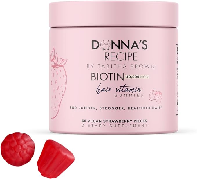 Donna's Recipe by Tabitha Brown | Vegan Strawberry Biotin Hair, Skin & Nails Gummies – 10,000 mcg Biotin, Clean, Non-GMO, Gluten-Free, 60 Gummies
