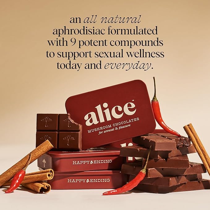 Alice Mushrooms Happy Ending 2-Pack | Sensual Mushroom Chocolates | Improves Mood, Performance, Vitality, Energy and Engagement | Cordyceps, Ashwaganda, Cayenne, Cinnamon