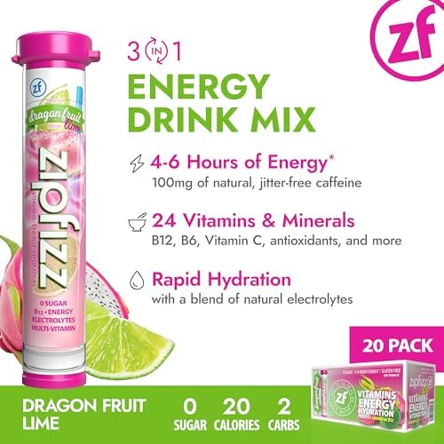 Zipfizz Daily Energy Drink Powder, Dragon Fruit Lime, 20 Pack | 3-in-1 Sustained Energy, Rapid Hydration, and Essential Vitamins | Sugar-Free | Electrolyte Powder | Contains Vitamin B-12 & Antioxidants