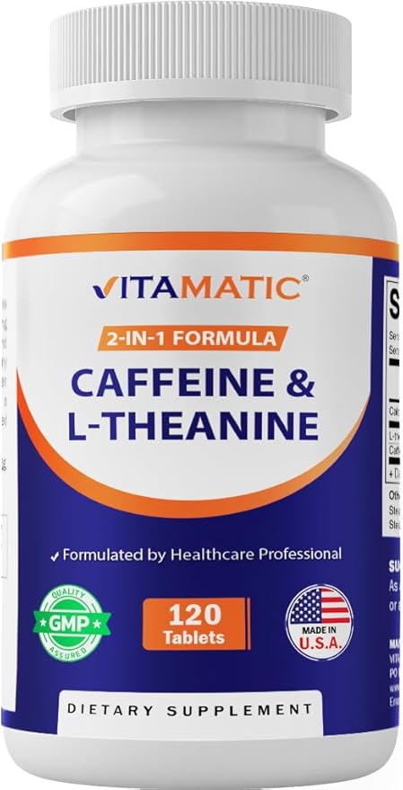 Vitamatic L-Theanine 200mg with Caffeine 100mg – 120 Vegetarian Tablets Nootropic Supplement for Focused Energy & Mental Clarity