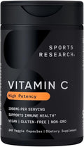 Sports Research High Potency Vitamin C Supplement - Vegan Veggie Capsules for Antioxidant Activity & Immune Support - Non-GMO Verified & Gluten Free - Ascorbic Acid Vitamin C 1000mg, 240 Count