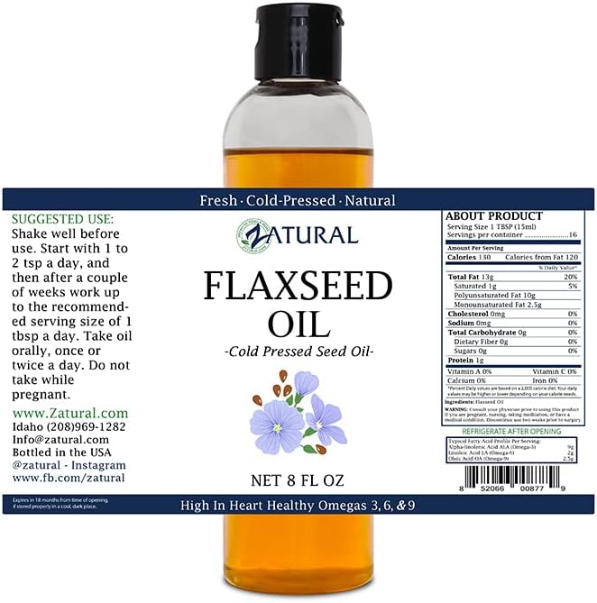 Zatural Flaxseed Oil Organically Grown 100% Pure Flax Seeds Cold Pressed Vegan Omega Fatty Acids (8oz)