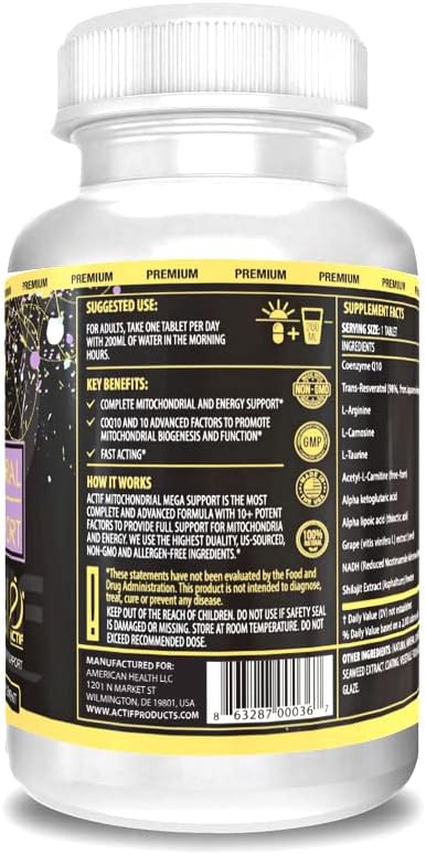 Actif Mitochondrial Mega Support with 10+ Advanced Factors - Non GMO, Fast Acting, Mitochondria and Energy Support, Made in USA, 60 Count