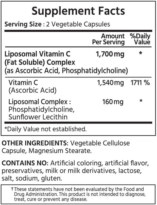 ML Naturals High Potency Liposomal Vitamin C 1,700mg Serving, 90 Vegetable Capsules, High-Potency, Long-Lasting Effect, Gluten-Free