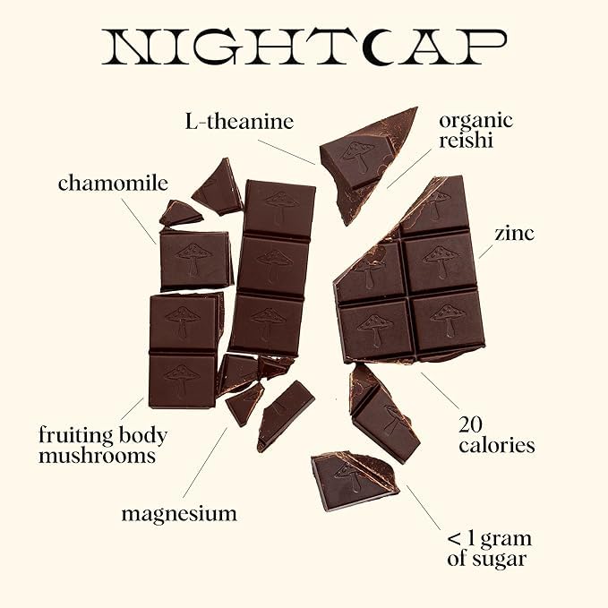 Nightcap 4-Pack | Functional Mushroom Chocolates | Supports Deep Sleep, Calm Mind, Stress Relief | Reishi, Magnesium, Zinc, L-Theanine & Chamomile | Helps to Fall & Stay Asleep