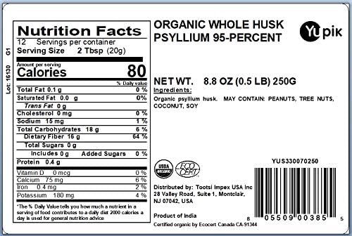 Yupik Organic Whole Husk Psyllium, 8.8 oz (Pack of 6), 95% Pure, USDA Organic, Non-GMO, Kosher, Gluten-Free, Sugar-Free, Fat-Free, Unflavored, High-Fiber Plant-Based Superfood for Oatmeal & Cereal