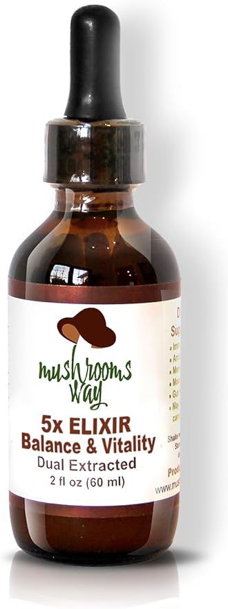 5X Elixir – Reishi – Lions Mane – Turkey Tail – Shiitake – Maitake – Mushroom Supplement – Immune System Support – Balance, Vitality, Longevity – Non-GMO, Gluten Free, Vegan – 2 Fl Oz