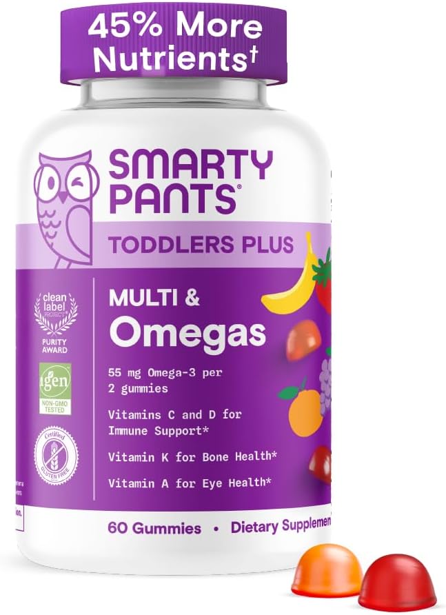 SmartyPants Toddler Multivitamin Gummies - Improved Formula: Omega 3 (DHA/EPA), Vitamins D3, C, Vitamin B12, B6, A, K & Zinc, Biotin, Gluten Free, Three Fruit Flavors, 60 Count (30 Day Supply)