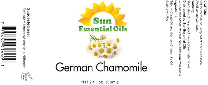 Sun Essential Oils - German Chamomile Essential Oil (2 oz) for Diffuser, Skin, Body, Face, Aromatherapy Massage & Humidifier, Scent for Soap, Candle, Shampoo & Lotion Making at Home