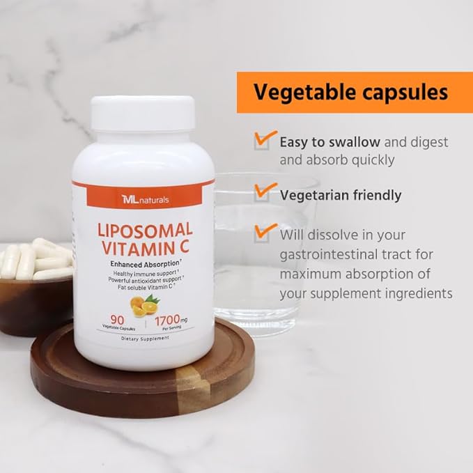 ML Naturals High Potency Liposomal Vitamin C 1,700mg Serving, 90 Vegetable Capsules, High-Potency, Long-Lasting Effect, Gluten-Free