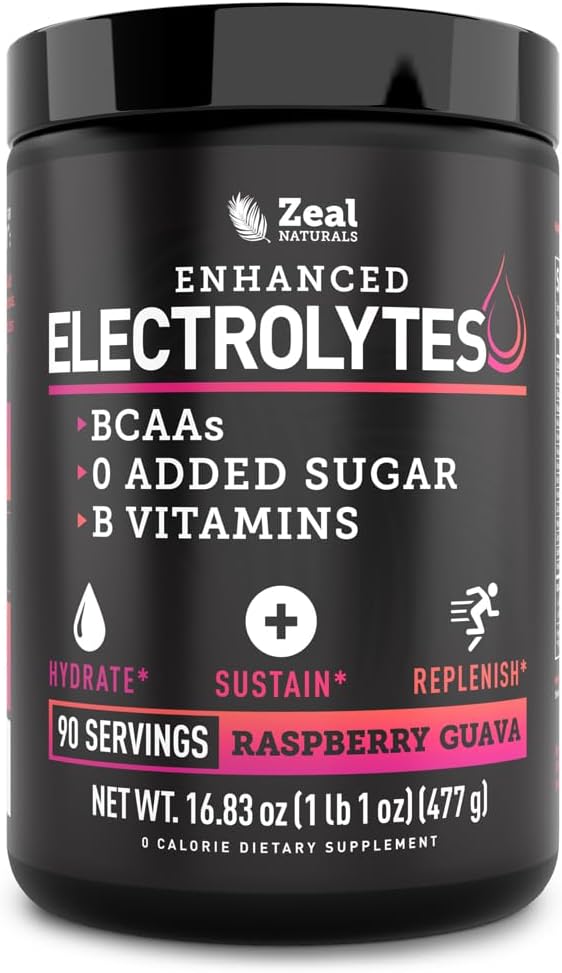 Zeal Electrolyte Powder - 90 Servings | Keto Electrolytes Powder | Zero Sugar, BCAAs, B-Vitamins | Potassium, Zinc, Magnesium | Hydration Powder Recovery Drink | Raspberry Guava