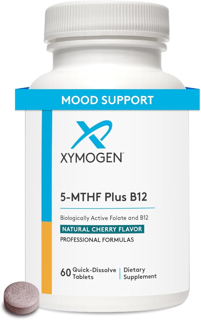 XYMOGEN 5-MTHF Plus B12 - Biologically Active Folate + Methyl B12 (Methylcobalamin) to Support Methylation and Nervous System Health - Great-Tasting Cherry Flavor (60 Quick-Dissolve Tablets)
