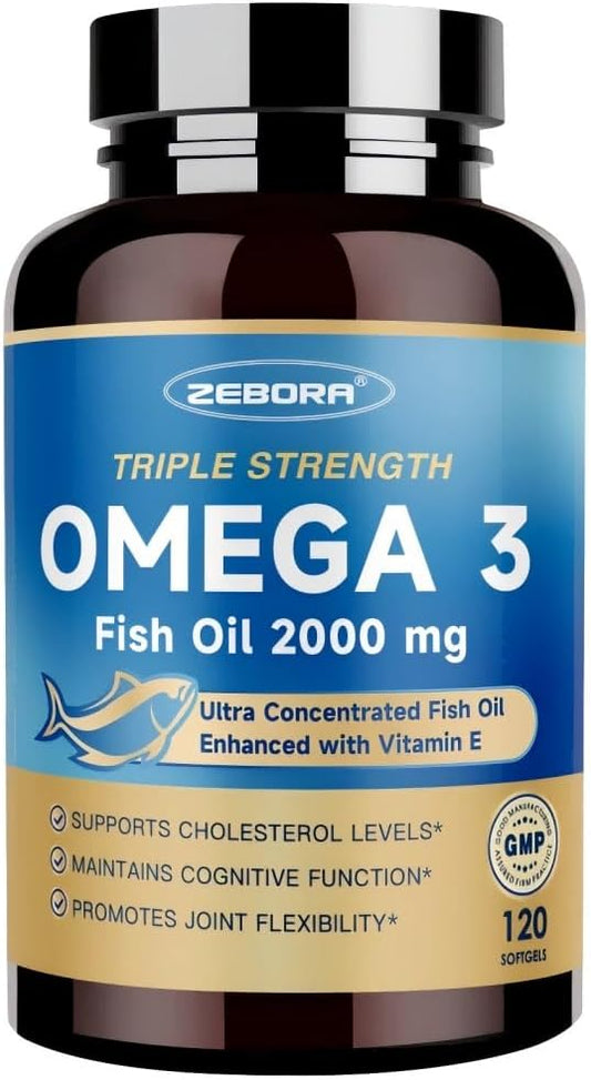ZEBORA Triple Strength Omega-3 Fish Oil 2000mg – rTG Omega 3 Ultra High-Potency – Supports Heart, Brain, Eye, Skin & Immune Health – Fatty Acids EPA, DHA & DPA, 120 Softgels