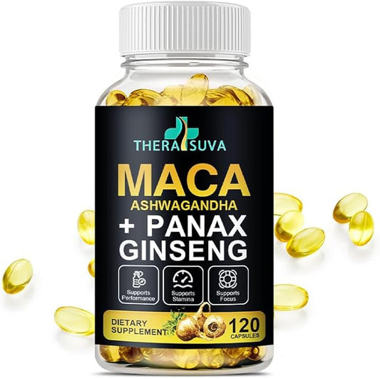 3 in 1 Ashwagandha + Maca Root + Panax Ginseng - Natural Supplement for Energy, Stamina, and Stress Support, 120 Softgels