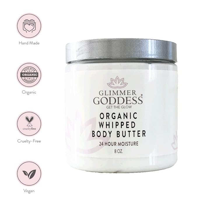 GLIMMER GODDESS Organic Whipped Body Butter- Peppermint Vanilla, Vegan, 24 Hr Hydration, Less Stretch Marks, All Skin Types, Child-Safe, Organic, 8 oz