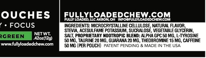Fully Loaded Alpha Fuel Nootropic Pouches (Wintergreen Fuel) - Nootropic Energy Pouches with Caffeine, Alpha GPC, Tyrosine, Taurine, Guarana and More