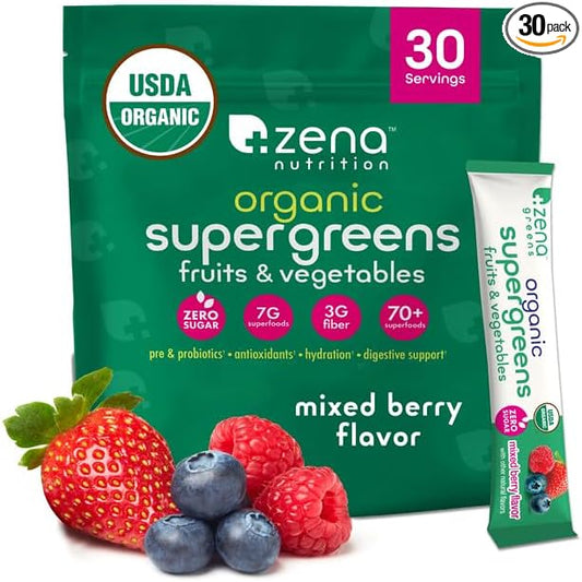 Zena Nutrition Organic Super Greens Powder, 70+ Superfoods, 0 Sugar, 3g Fiber, Spirulina, Chlorella, Mushrooms, Prebiotics/Probiotics, Digestive Enzymes, Gut Health, Mixed Berry, 30 Drink Mix Packets