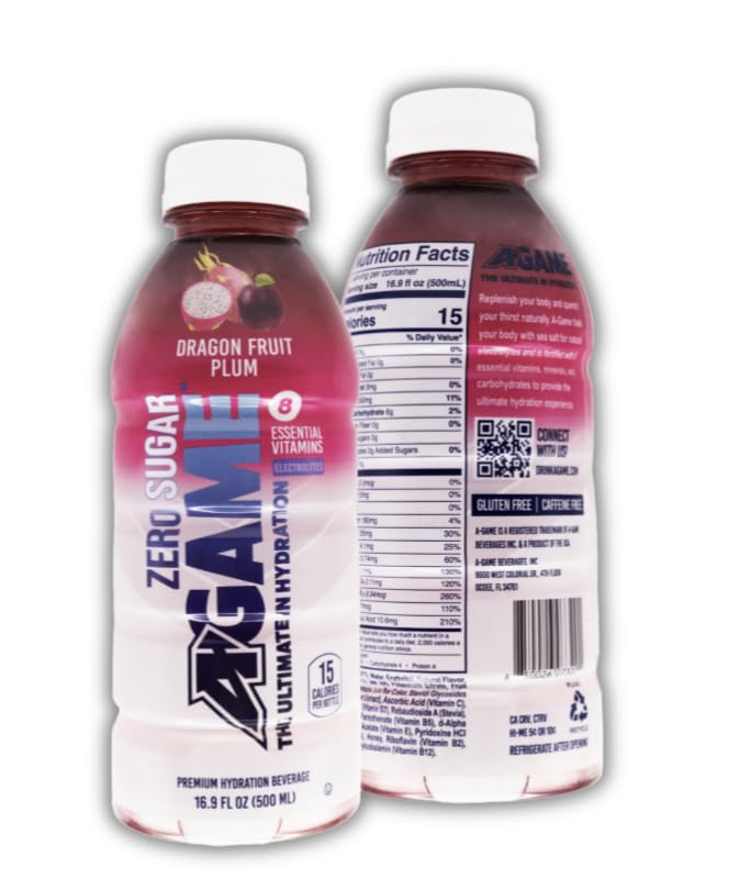 A-GAME Zero Sugar Sports Drink, Dragon Fruit Plum Zero Sugar, The Ultimate Sugar Free Hydration Sports Beverage, 8 Essential Vitamins including B, C, & E plus Sea Salt Electrolytes, All Natural Flavors, Gluten Free & Keto Friendly, 16.9 Fl Oz (Pack of 12)