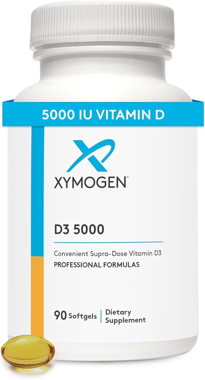 XYMOGEN D3 5000 - Bioavailable Vitamin D3 5000 IU (125 mcg) - High Potency Vitamin D Supplement to Support Immune Health, Bone + Heart Health (90 Gelatin Softgels)
