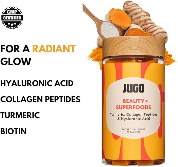 JUGO Beauty + SUPERFOODS | Hair Skin Nails Supplement with Hyaluronic Acid & Turmeric | 40 Count Plant-Based Gummies | Gelatin-Free, Non- GMO, Made in USA