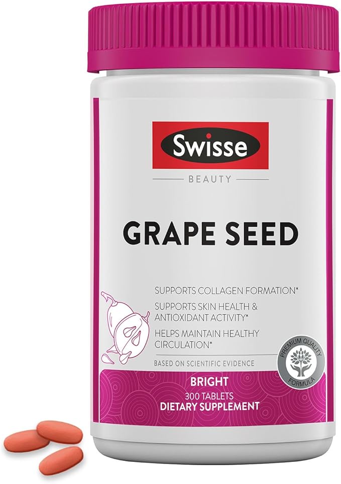 Swisse Grape Seed Extract Capsules Antioxidant Herbal Supplement | Grapeseed Polyphenols Supplement + Antioxidant Vitamin C | Promotes Skin Health & Collagen Production | 300 Tablets