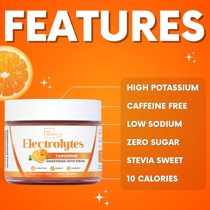 Zero Sugar - Tangerine Electrolytes Powder - Refreshing Hydration - Caffeine Free Energy with All Natural Ingredients - Vegan, Keto & Paleo - Sugar Free Electrolytes Hydration Drink Mix - 30 Servings