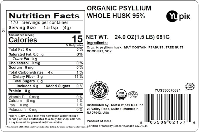 Yupik Organic Whole Husk Psyllium, 24 Oz, 95% Purity, USDA Certified, Non-GMO, Kosher, Gluten-Free, Sugar-Free & Fat-Free, Unflavored, Plant-Based, High Fiber Superfood for Oatmeal, Granola & Cereal