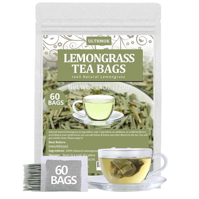 60 Premium Lemongrass Tea Bags, Made with 100% Natural Lemon grass, Perfect for Relaxation and Wellness, No Additives & Caffeine Free.
