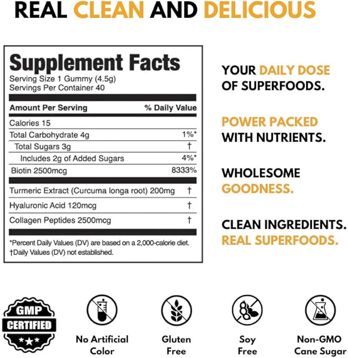 JUGO Beauty + SUPERFOODS | Hair Skin Nails Supplement with Hyaluronic Acid & Turmeric | 40 Count Plant-Based Gummies | Gelatin-Free, Non- GMO, Made in USA