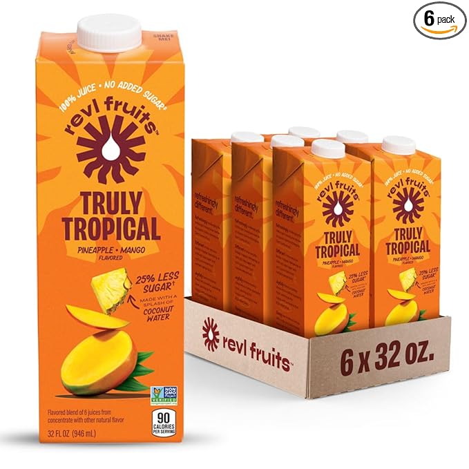 Revl Fruits™ 100% Juice, No Added Sugar, Pineapple Mango, Truly Tropical, 32 fl oz. Carton (Pack of 6)