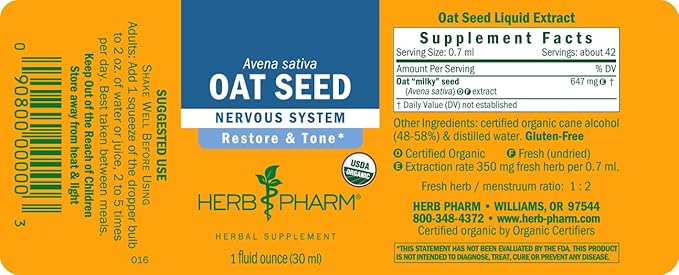 Herb Pharm Certified Organic Oat Seed Liquid Extract for Nervous System Support, Organic Cane Alcohol, 1 Fl Oz