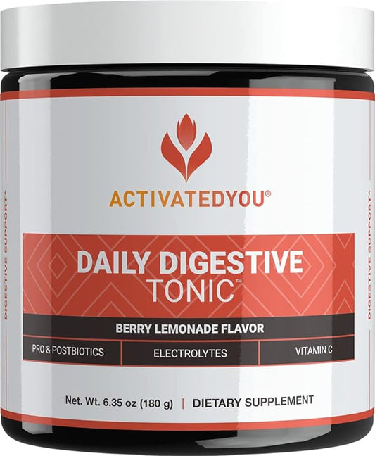ACTIVATEDYOU Daily Digestive Tonic Kombucha - Support Healthy Digestion & Youthful, Long-Lasting Energy- Prebiotic Fiber, Probiotics, Postbiotics, Vitamin C, Berry Lemonade Flavor (30 Servings)