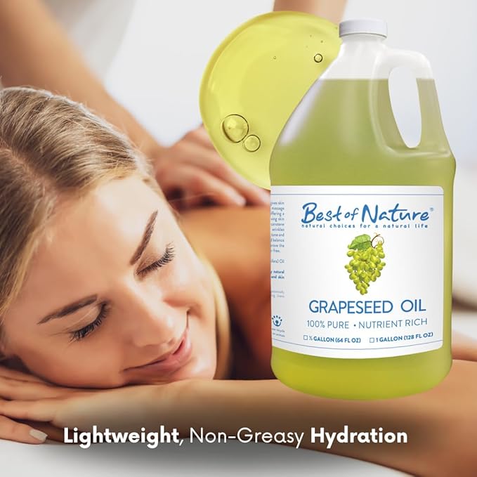 Best of Nature 100% Pure Grapeseed Oil - Unscented, Lightweight, Non-Greasy Moisturizer for Hair, Skin, Face & Aromatherapy, Carrier Oil for Essential Oils, Half Gallon (64 fl oz)