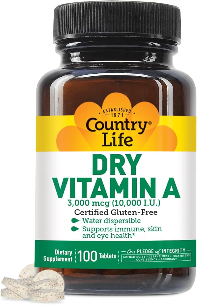 Country Life Vitamin A 10,000 IU - Immune Support, Skin & Eye Health Supplement, Certified Gluten-Free, Vegan, Halal, Kosher, 50% Beta-Carotene & 50% Retinyl Palmitate, Easy Absorption - 100 Tablets