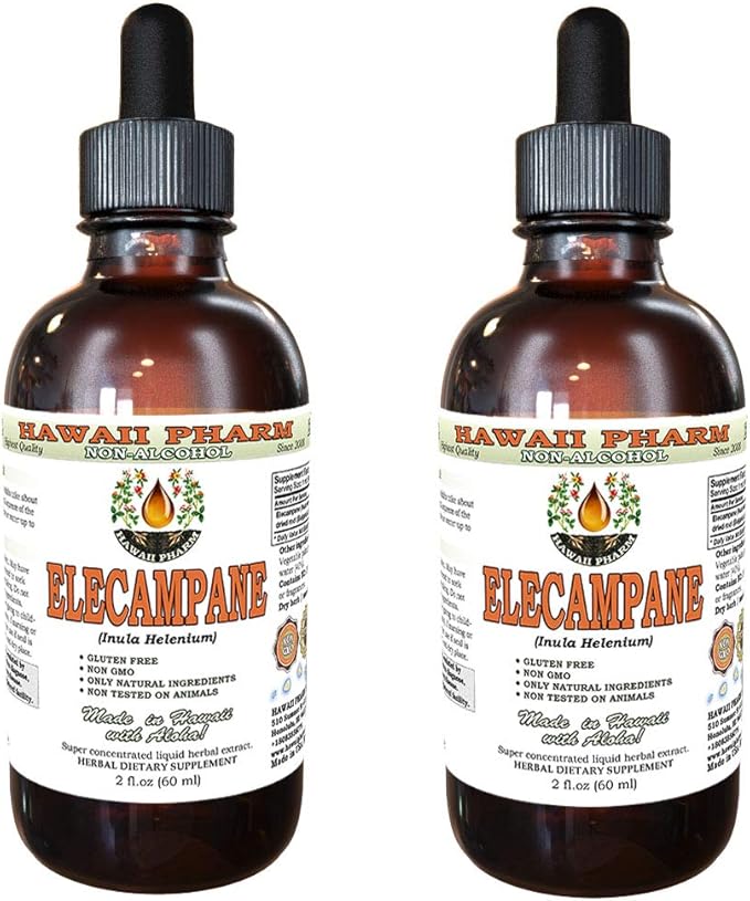Elecampane Alcohol-Free Liquid Extract, Organic Elecampane (Inula Helenium) Dried Root Glycerite Hawaii Pharm Natural Herbal Supplement 2x2 oz
