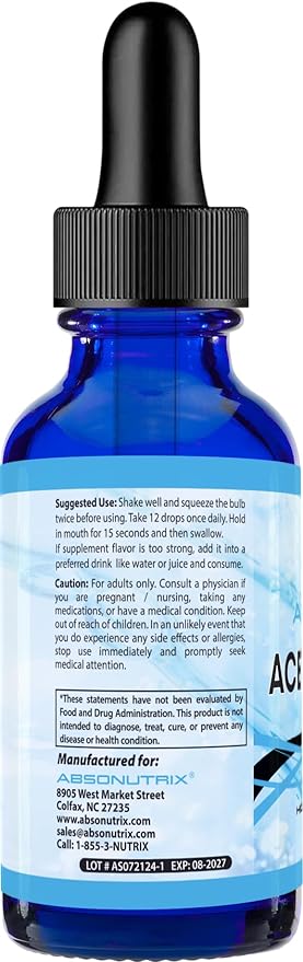 Absonutrix Acetyl L-Carnitine, 593mg per Serving, 200 Potent Servings, Quick Absorption Liquid Drops, Gluten-Free, Third-Party Tested, GMP-Certified, Non-GMO, Made in USA