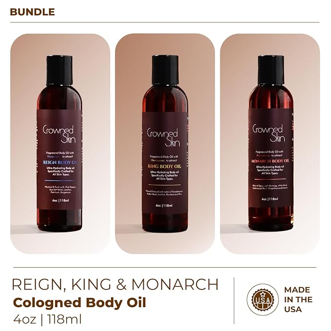 King, Reign, and Monarch Cologned Body Oil Bundle | Alluring, Nautical, & Spicy Scents | Infused with Organic Shea & Mango Butters | Moisturizing Formula with All-Day Fragrance