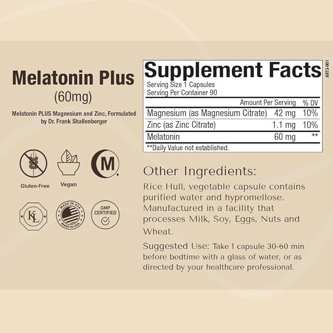 60mg Melatonin Plus Extra Strength High Dose Sleep Supplement 90 Capsules - Veggie Capsules - Fast Acting Formulated by Dr Shallenberger with Zinc & Magnesium for Maximum Quick Absorption