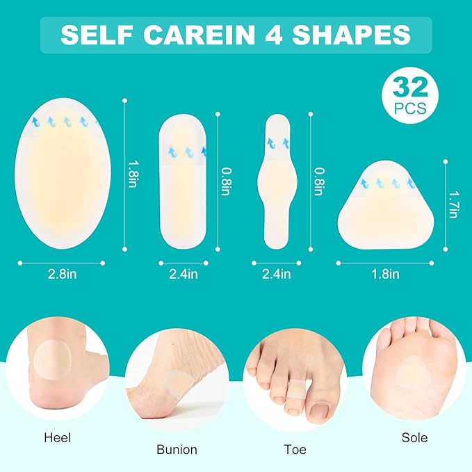 32PCS Hydrocolloid Blister Bandages for Feet – Waterproof Hydrocolloid Bandages, Gel Blister Pads for Heel & Toe, Blister Cushions for Prevention & Faster Recovery (32PCS-Variety Pack)