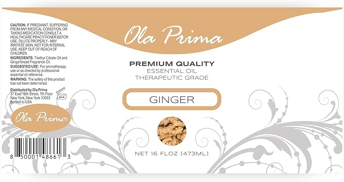 Ola Prima Ginger Essential Oil (16 oz Bulk) – Therapeutic Grade Oil for Aromatherapy, Diffusers, Cleaning, Lotions, Creams, Bath Bombs, Scrubs, & Candles