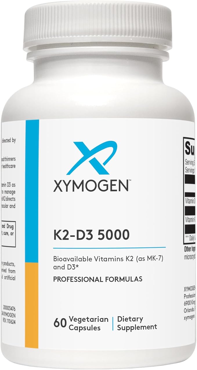 XYMOGEN K2-D3 5000 - Vitamin D3 K2 - Bioavailable Vitamin D 5000 IU (Cholecalciferol) with MK-7 - Heart, Arterial, Bone Health + Immune Support Supplement (60 Capsules)