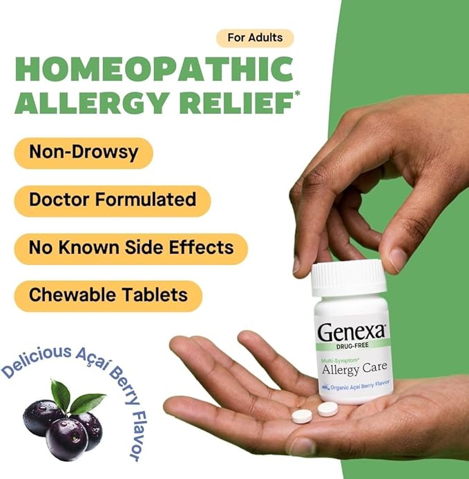 Genexa Allergy Care | Drug Free, Non-Drowsy Allergy & Decongestant Relief for Adults | Vegan & Non-GMO | Homeopathic Allergy Relief Made Clean | Organic Acai Berry Flavor | 180 Chewable Tablets