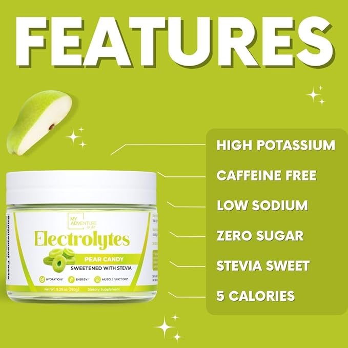 Zero Sugar - Pear Candy Electrolytes Powder - Extremely Refreshing Hydration - Caffeine Free Energy with All Natural Ingredients - Vegan, Keto, Paleo - Sugar Free Electrolytes Drink Mix - 30 Servings