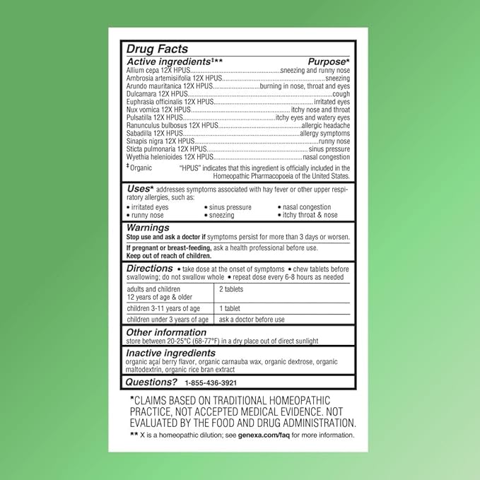 Genexa Allergy Care | Drug Free, Non-Drowsy Allergy & Decongestant Remedy for Adults | Vegan & Non-GMO | Homeopathic Allergy Relief Made Clean | Organic Acai Berry Flavor | 60 Chewable Tablets